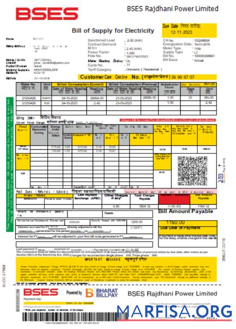 Downloadable BSES Rajdhani Power Limited electricity utility business bill, SCR download for verification